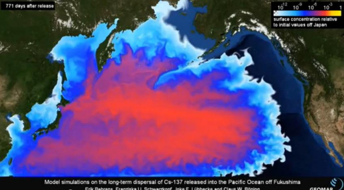 독일 GEOMAR가 지난해 시물레이션한 세슘 137의 2013년 3월 기준 확산도. 빨간색일수록 강도가 높으며, 해류의 영향으로 동쪽으로 주로 확산되는 모습을 보여준다.  